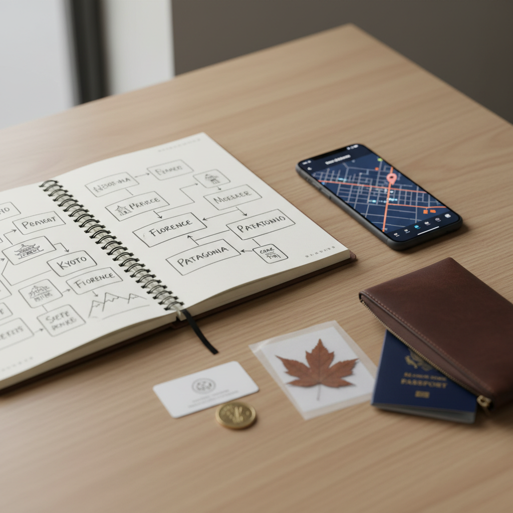 A minimal travel-planning vignette on a smooth oak table: an open travel journal with neatly sketched boxes and arrows like a mind map, a sleek smartphone displaying a map interface, and a small collection of physical mementos—subtle hotel keycard, metro token, and a pressed leaf between translucent tracing paper. A slim leather zip pouch lies partially open with just the edge of a passport peeking out. Soft overcast daylight from a nearby window bathes everything in diffused, neutral light, reducing harsh contrast and enhancing fine textures. Photographic realism, composed with the rule of thirds from a slightly elevated angle, with selective focus on the journal pages. The atmosphere is quietly adventurous and reflective, suggesting travel as an evolving, revisitable idea in the garden of thoughts.