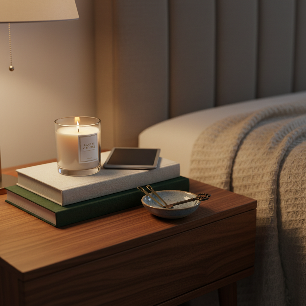 A sophisticated bedside scene that evokes personal favorites curated over time: a low-profile wooden nightstand with a rich walnut grain, holding a small stack of linen-bound books, a slim e-reader asleep on top, a beautifully labeled glass candle half-burned, and a ceramic dish containing a pair of minimalist metal bookmarks and an elegant key. In the background, a simple upholstered headboard and a textured throw blanket sit softly out of focus. Late-evening lamplight with a warm, diffused shade creates a gentle pool of light, subtle reflections on glass and metal, and deep, cozy shadows beyond. Photographic realism, shot at eye level with a shallow depth of field, emphasizing tactile details. The mood is serene, cultivated, and introspective, suggesting a personal library of ideas and cherished objects.