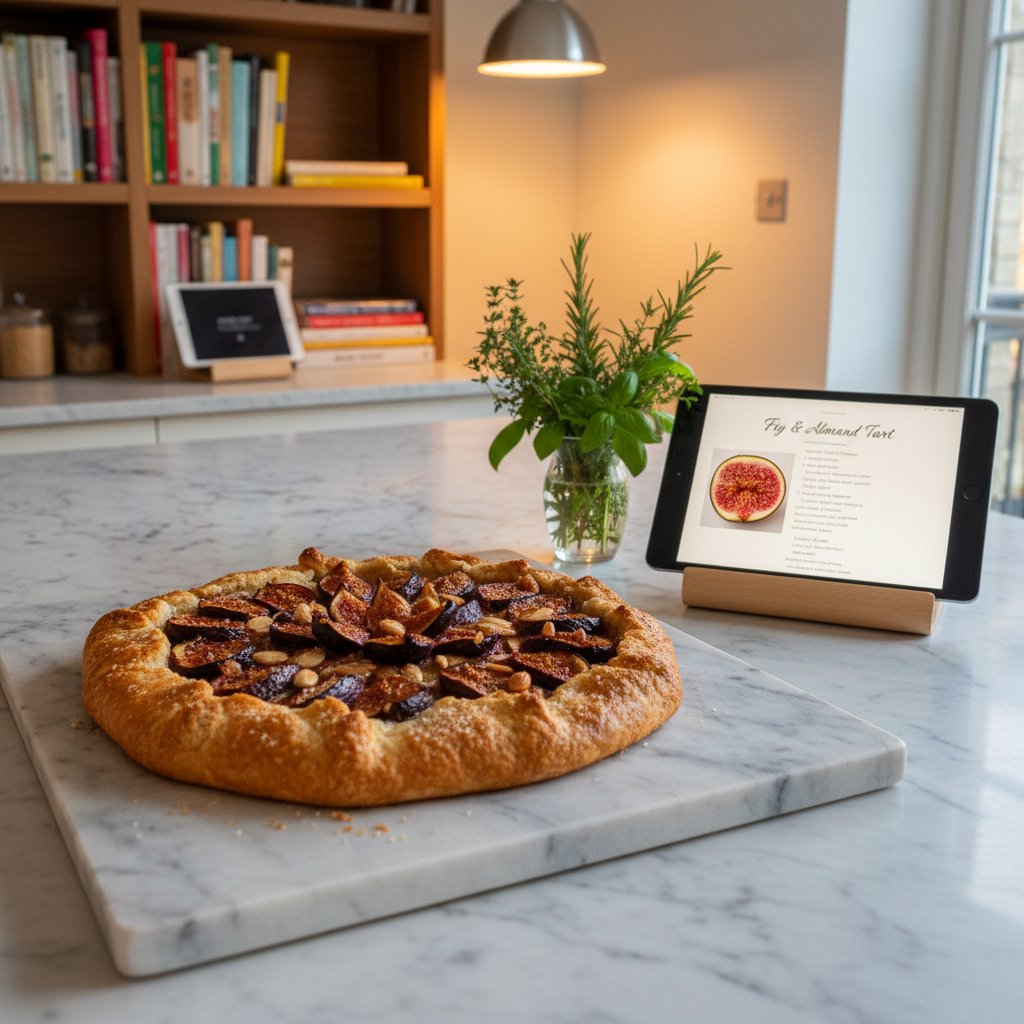 A polished kitchen counter scene that feels like a living recipe note: a heavy marble board holding a half-prepared, beautifully rustic tart with sliced figs and almonds, recipe notes open on a tablet propped in a simple wooden stand beside it. A small vase with clipped garden herbs anchors the scene, and in the distant background, out of focus, sits a tidy bookshelf with cookbooks and a digital device charging. Warm pendant lighting above mixes with faint evening window light, creating a cozy golden glow and soft, directional shadows. Photographic realism, captured from a slightly elevated three-quarter angle, with a shallow depth of field highlighting textures of pastry, fruit, and paper. The mood is sophisticated, intimate, and quietly experimental.