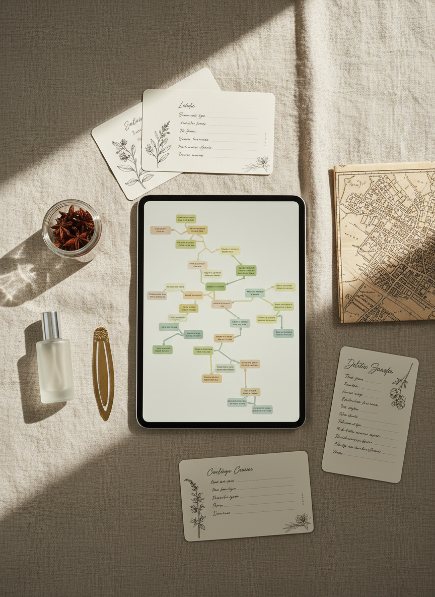 An elegant flat lay of a digital garden in practice: a tablet on a textured flax-colored linen cloth, its screen showing a branching note map in muted tones, surrounded by recipe cards with handwritten-style markings, a worn city map folded neatly, and a small selection of favorite products arranged with intention, such as a glass spice jar, a travel-sized perfume bottle, and a sleek metal bookmark. Soft morning window light from the left creates gentle gradients across the fabric and delicate reflections in the glass. Photographic realism, overhead bird’s-eye composition with balanced negative space and a calm, curated atmosphere, expressing thoughtful curation of memories and ideas.